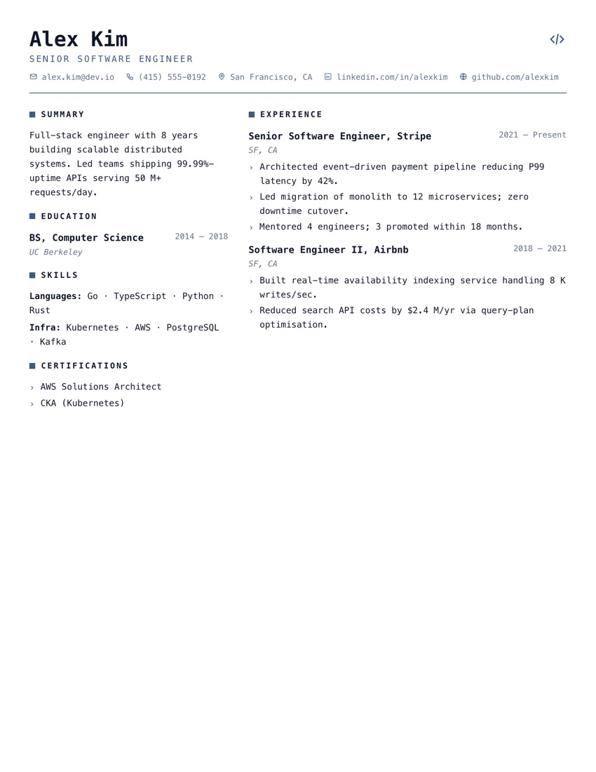 DevStack resume template preview